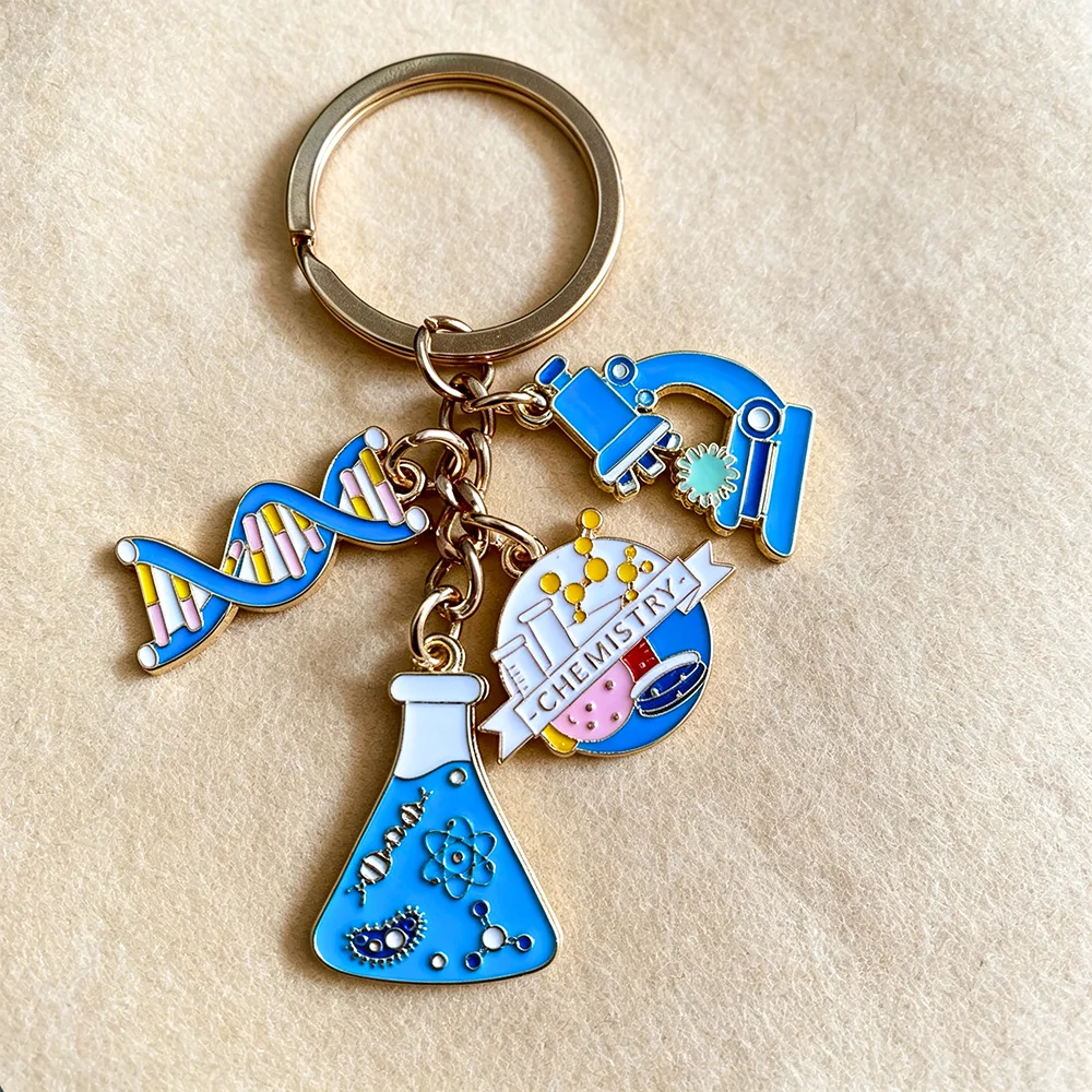 Kawaii Wissenschafts-Schlüsselanhänger Chemielabor DNA-Mikroskop Charm Schlüsselring Taschenanhänger für Lehrer und Studenten