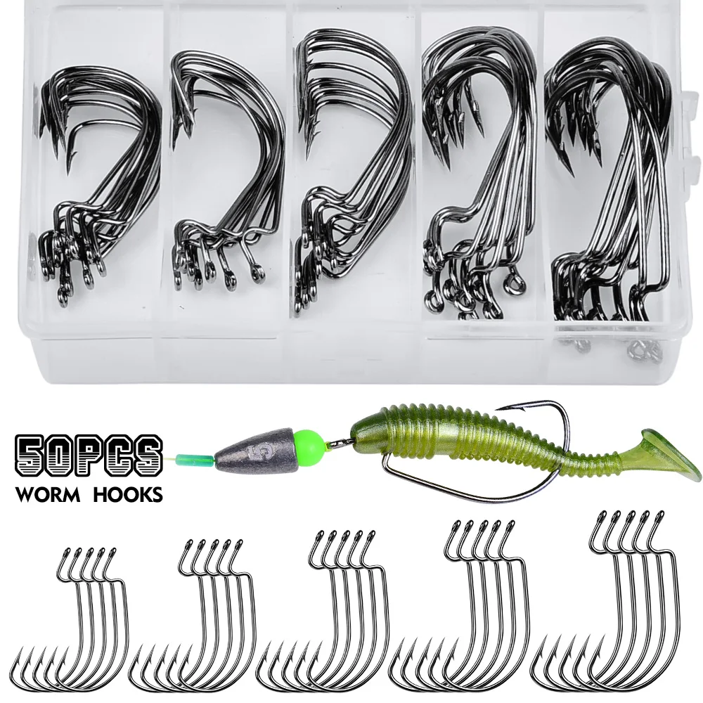 50 teile/schachtel Premium Kurbel Widerhaken Set - High Carbon Stahl breiten Spalt Offset Angelhaken für weiche Wurm Angeln, korrosions beständig