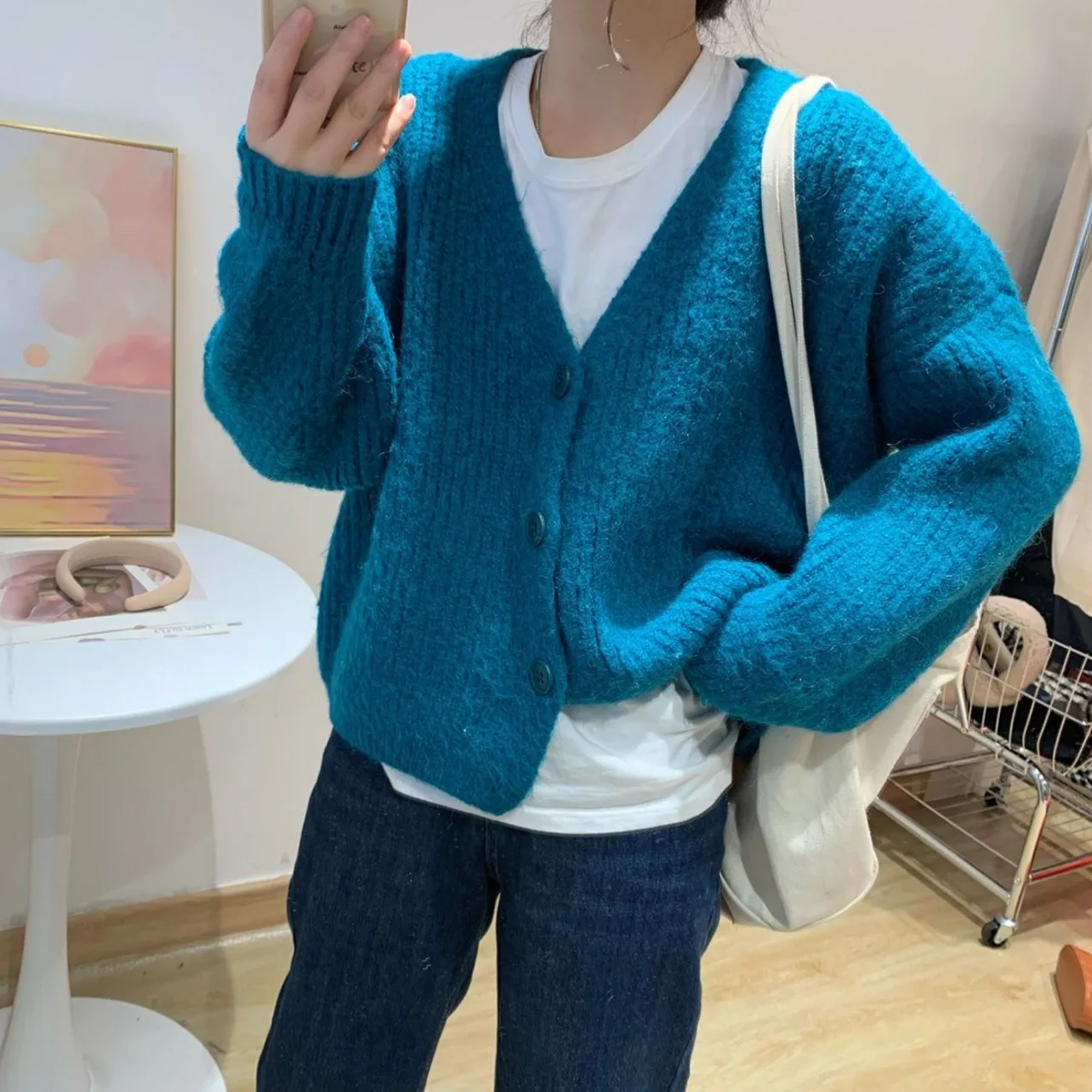 

V Neck Sweaters Cardigan 2022 Women Cardigan Solid Cardigan Relaxed Slouchy Knitted Sweater Cardigan