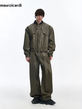Mauroicardi Primavera Autunno Lungo Fresco Baggy Pieghettato Pu Pelle Pantaloni a Gamba Larga per Gli Uomini a Vita Alta di Lusso Mens Abiti firmati 2025 1