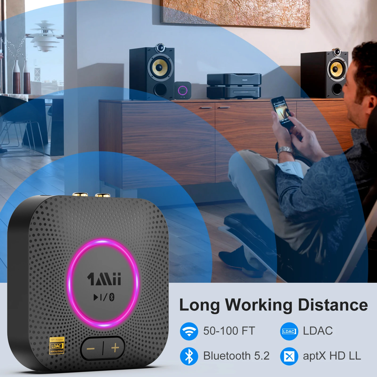 1Mii B06S+ Bluetooth 5.2 Receiver,HiFi Audio Adapter W/LDAC Aptx HD&LL,Long Range Hi-Res Audio with Volume Control bluetooth adapter bluetooth audio receiver bluetooth transceiver adapter audio adapter bluetooth aux adaptor