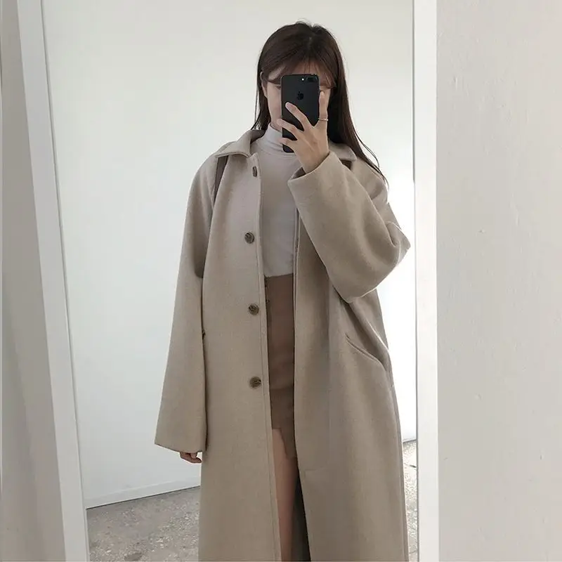 2023 New Women Winter Thicken Korean Mid-Length Woolen Coat Female Fashion Casual All-Match Parkas Loose Solid Color Outwear