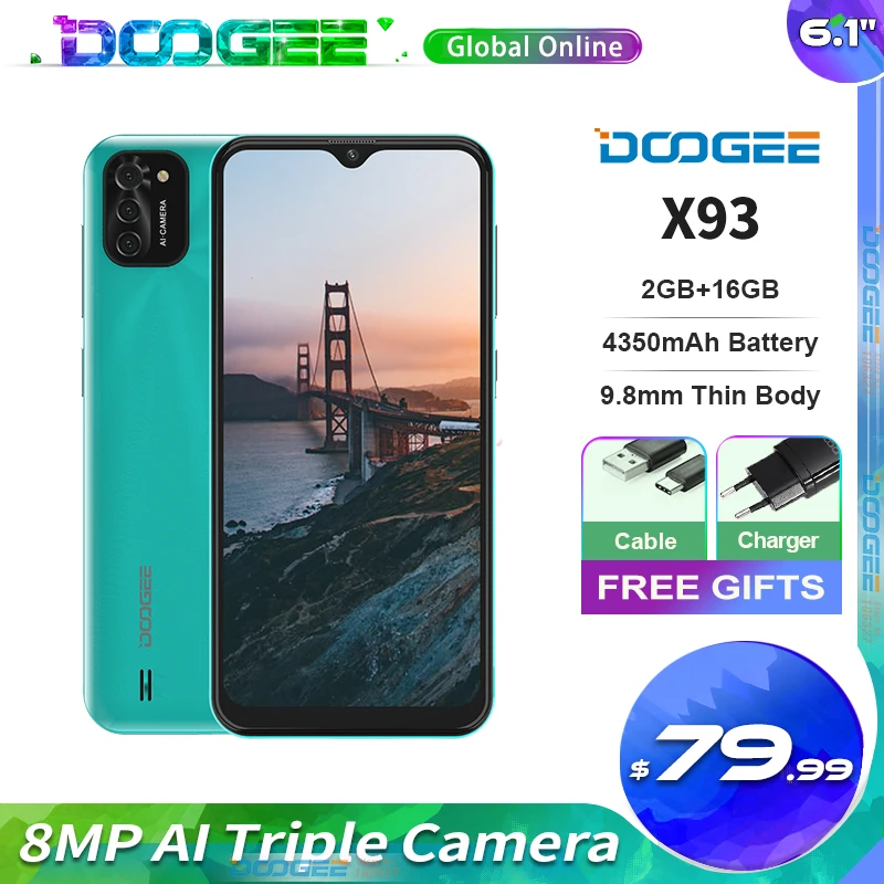 

DOOGEE X93 Mobile Phone 6.1" Display Android 10 8MP Triple Camera 2GB RAM 16GB ROM MT6580 4350mAh Cellphone