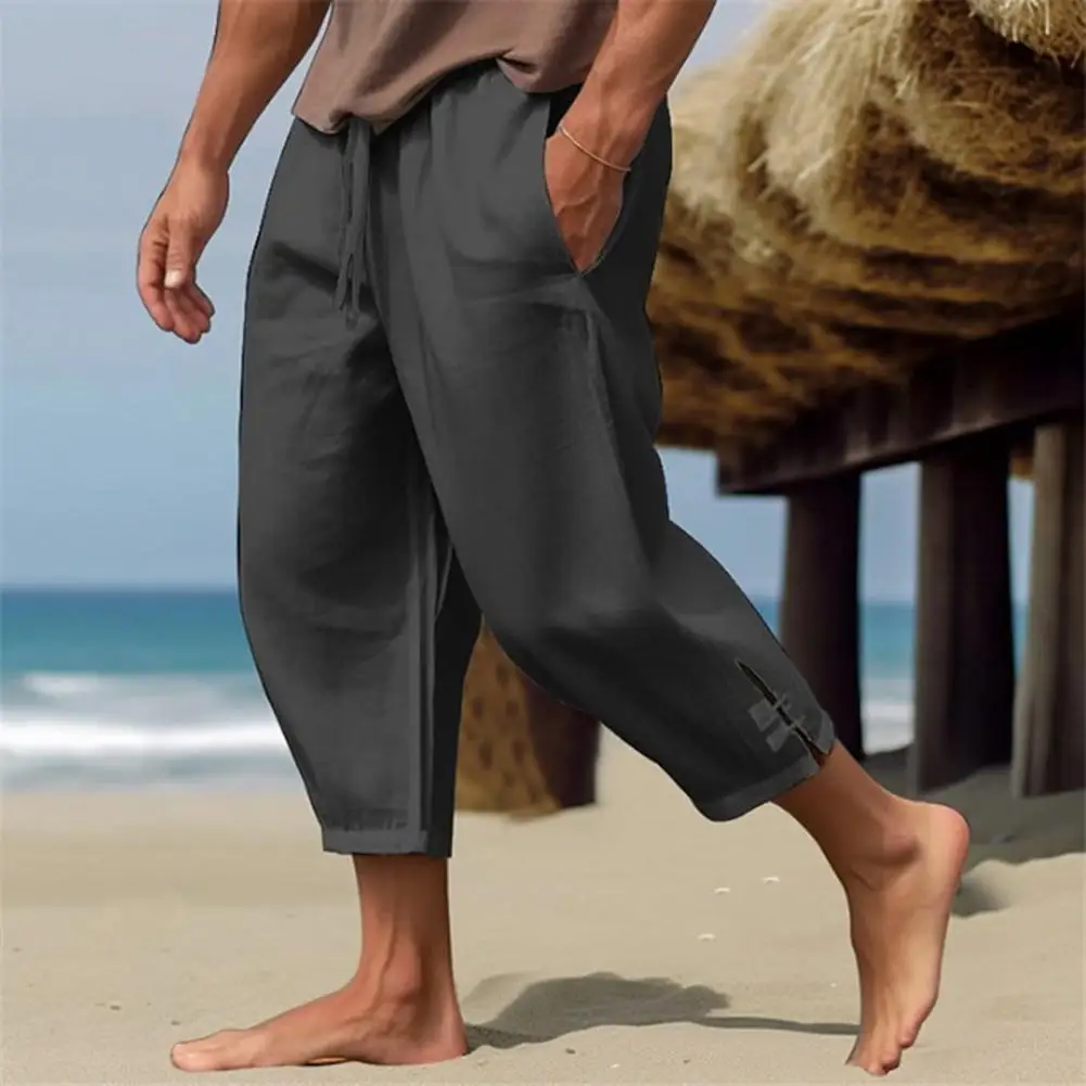 

Men Cropped Pants Drawstring Elastic Waist Solid Color Loose Pockets Split Deep Crotch Soft Breathable Summer Vacation Beach Tro