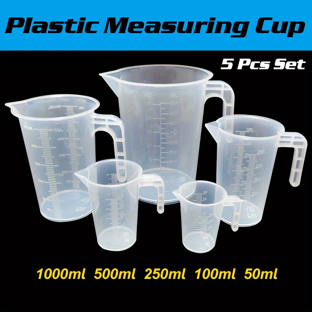 5 adet ofis ders kitabı bilim laboratuvarı beher şeffaf mutfak plastik ölçüm kabı ölçek kapasitesi 1000/500/500/250/50ml karışım
