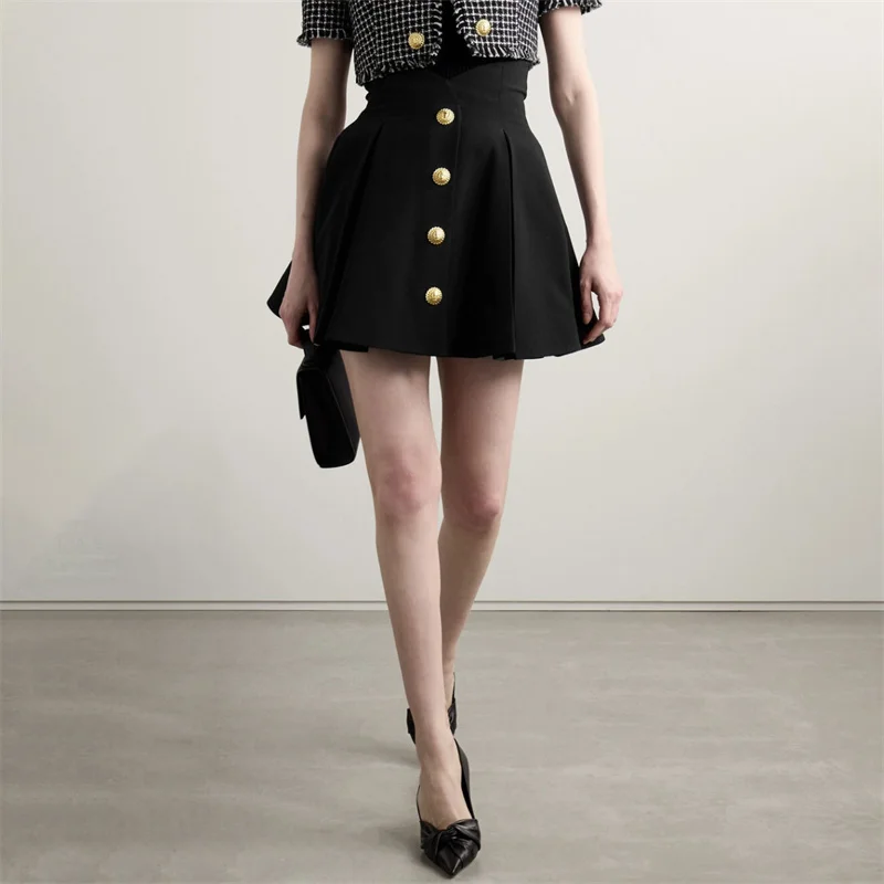

Женские юбки, Новинка лета 2024, Женская полуюбка с металлическими пуговицами, приталенная мини-юбка с высокой талией, плиссированная Расклешенная юбка