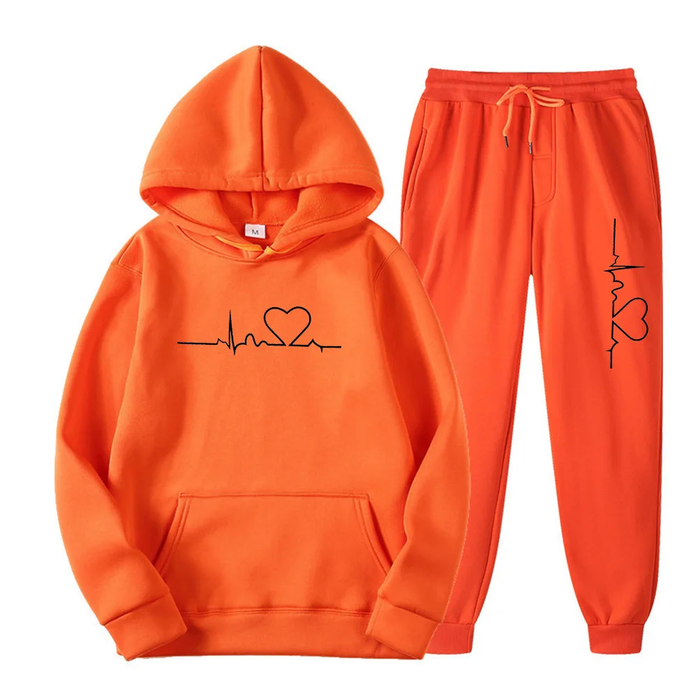 2023 Men And Women Plus Fleece Hoodie Set Autumn And Winter Men's Heart Figure Hoodie Trend Casual Men's Printed Shirt