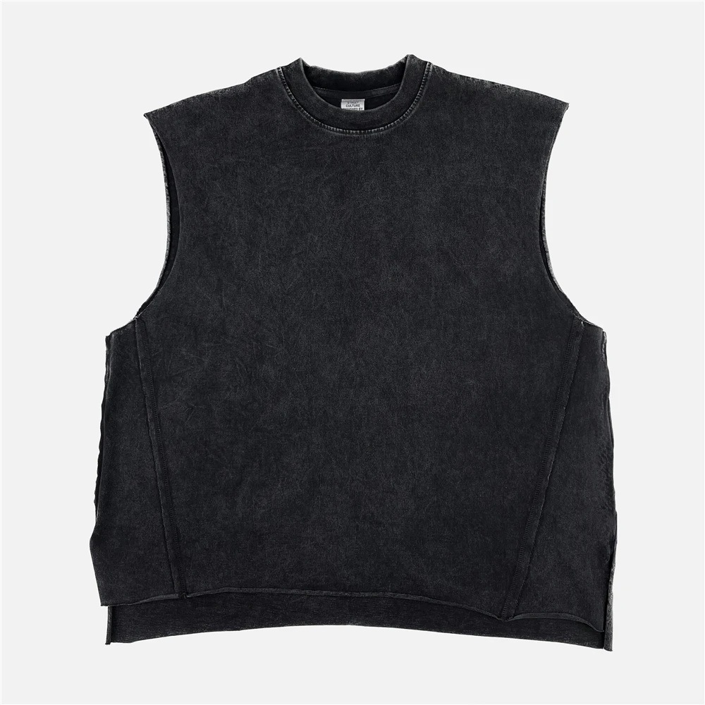 

Oversize Washed Cotton Panelled Tank Tops For Men Sleeveless Cropped T-Shirt Hip Hop Streetwear