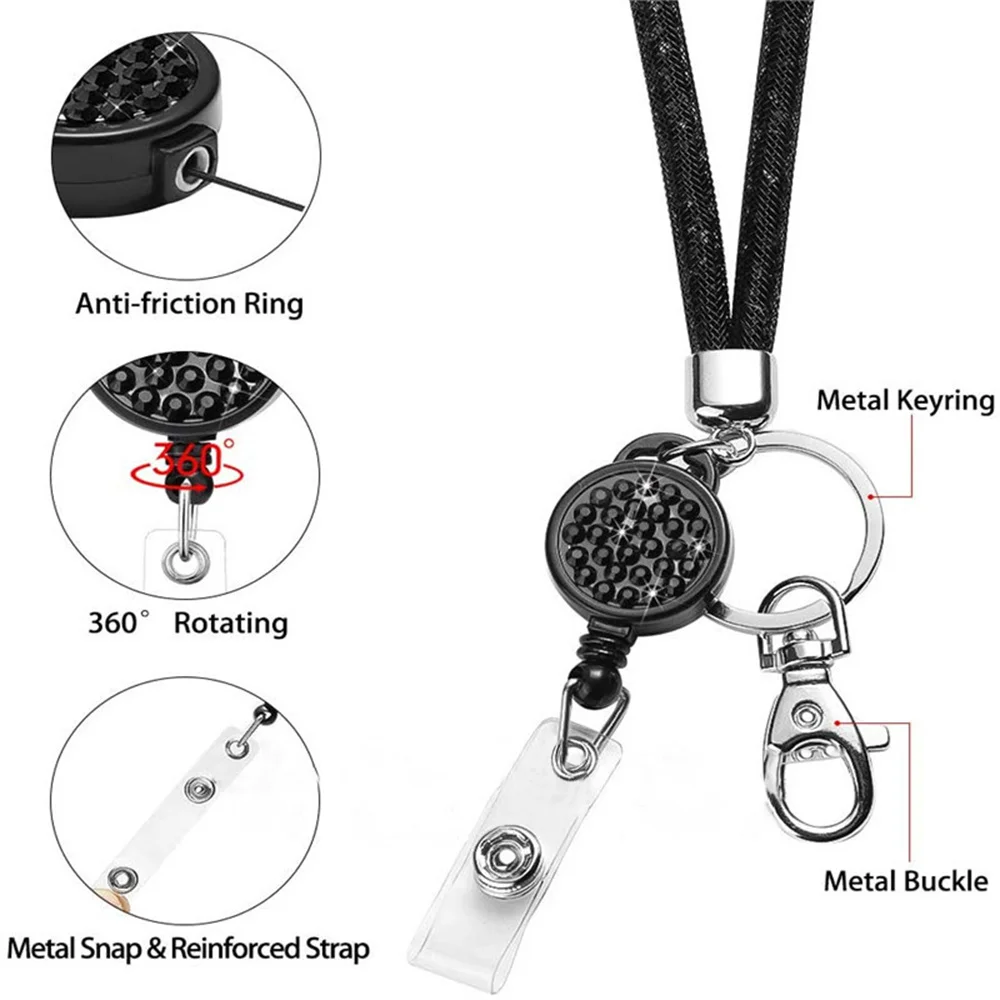 ID Neck Strap Lanyard, ID Card Holder & Retractable Key Reel Badge Holder  Black