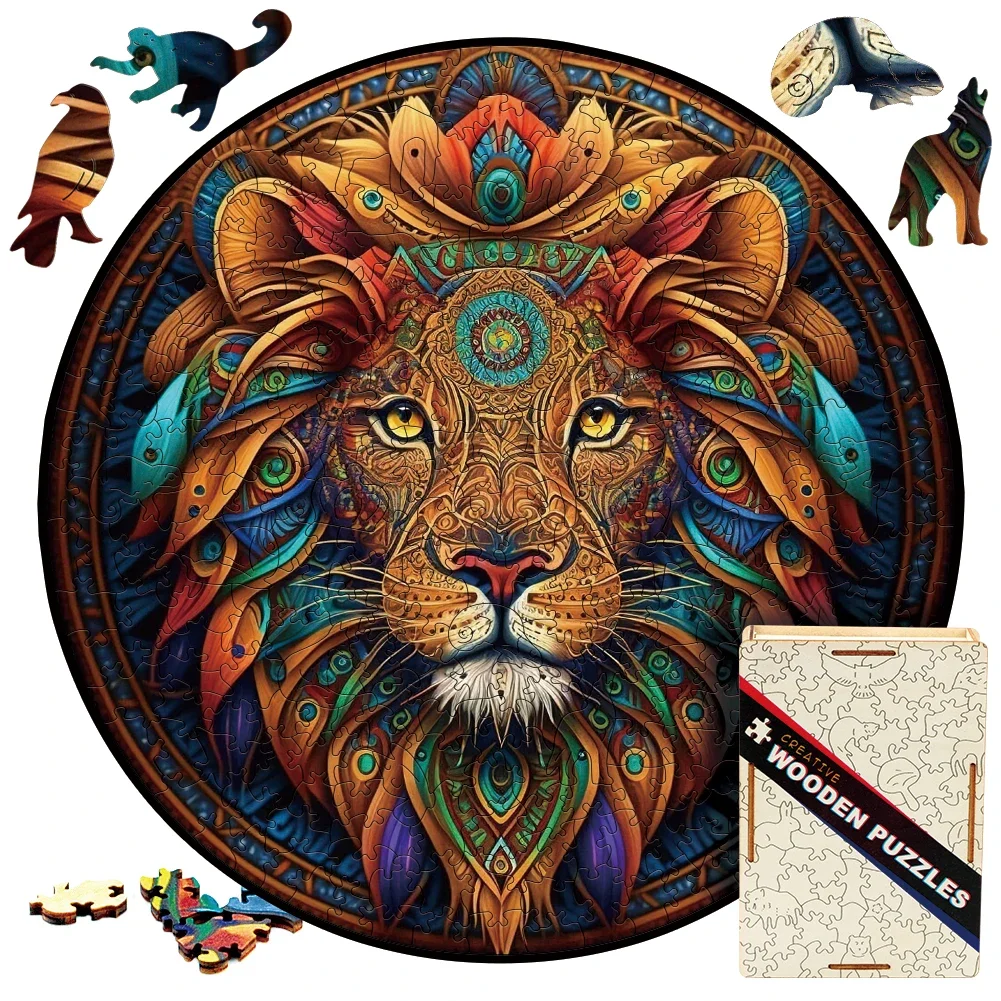 Round-Shaped Lion Puzzle - Wooden Mandala Puzzle Toy for Creative Play