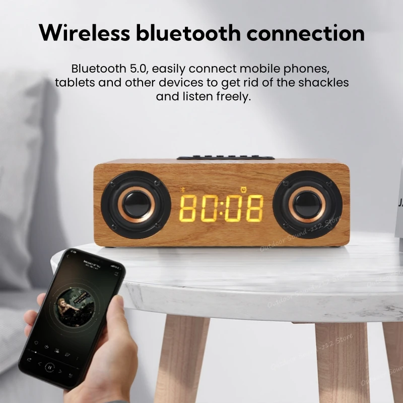 Multifunction Desk Table Led Digital Display Alarm Clock FM Radio Blue-tooth BT 5.0 Speakers with Cell Phone Wireless Charger