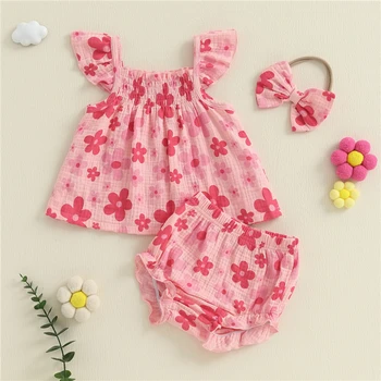 3pcs Summer Toddler Infant Baby Girl Casual Outfit Set Fly Sleeve Floral Print Tank Tops + PP Shorts Headband Baby Clothes
