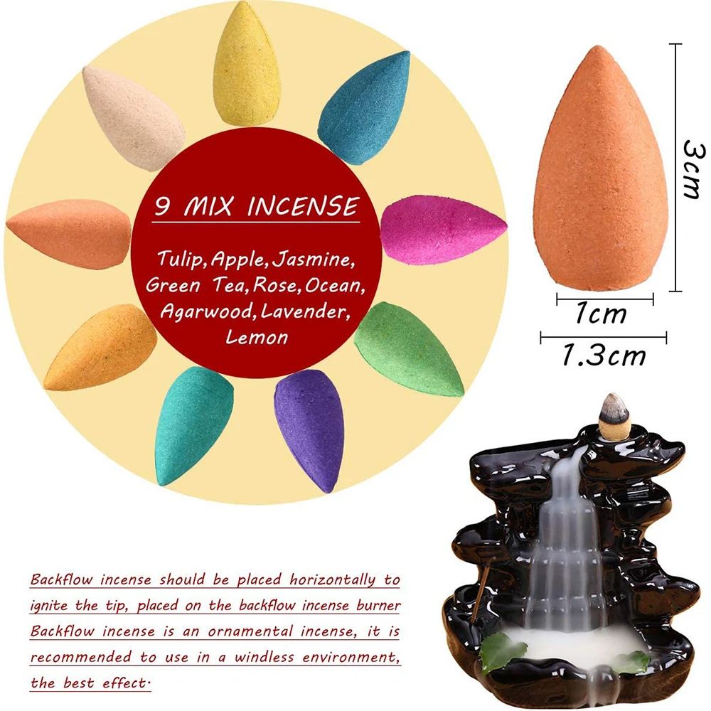 Backflow Incense Cones 100% Natural Scents Waterfall Rose Tulip Jasmine Lavender for Burner Holder Meditation Yoga Gift