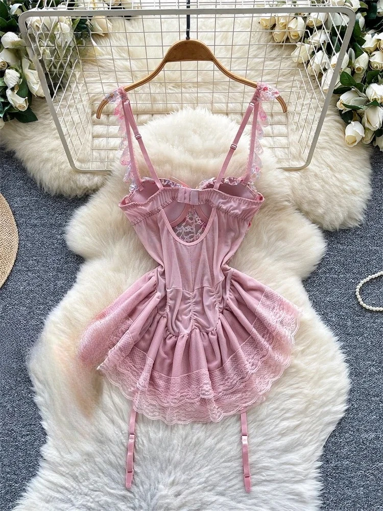 pink lace mini dress with soft ruffle hem