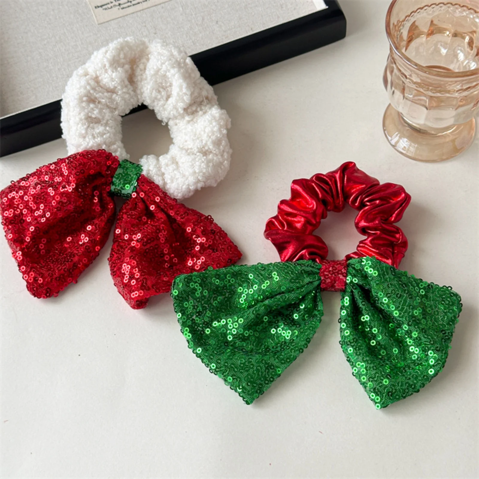 1PC Christmas Sequin Bow Scrunchies | Festive Red Green Hair Ties, Shiny Sequin Bows Hair Accessories for Women