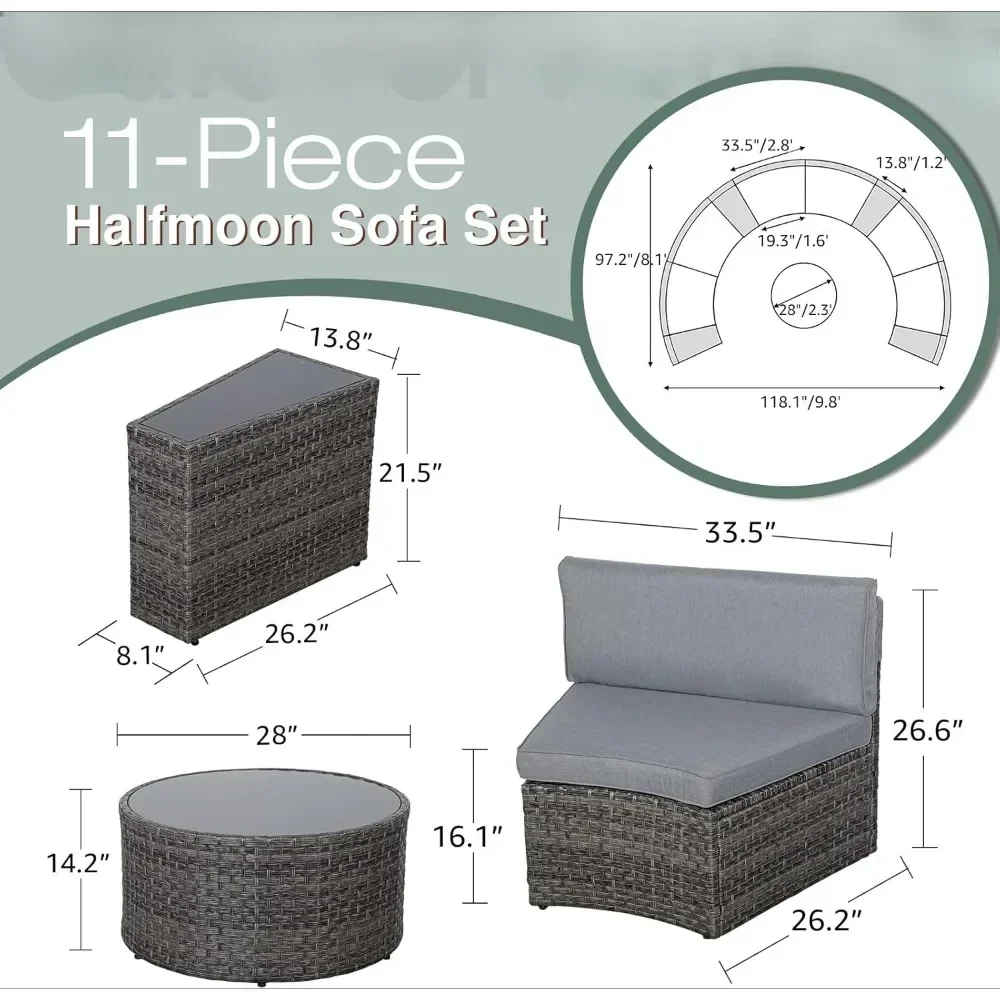 Outdoor Patio Furniture 11-Piece Half-Moon Sectional Round Set Curved Sofa with Coffee Table Suitable for outdoor courtyard use 6