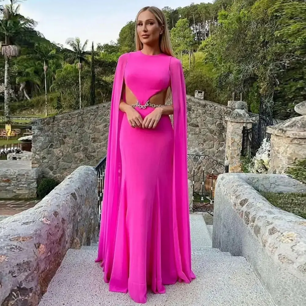 

Magenta Chiffon Prom Dresses Women Sexy Long Cape Sleeves Backless Formal Evening Gowns Pleated Waist Cut-out Party Robe 2024