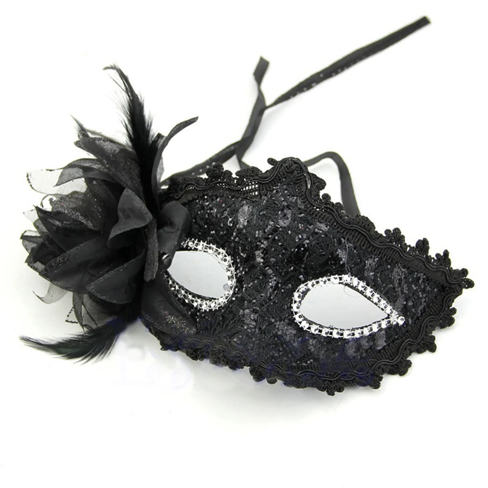 Feather Rhinestones Masquerade Mask Lace Flower Half Face Sexy Feather Flower  For Couple Masquerade Ball Party Game