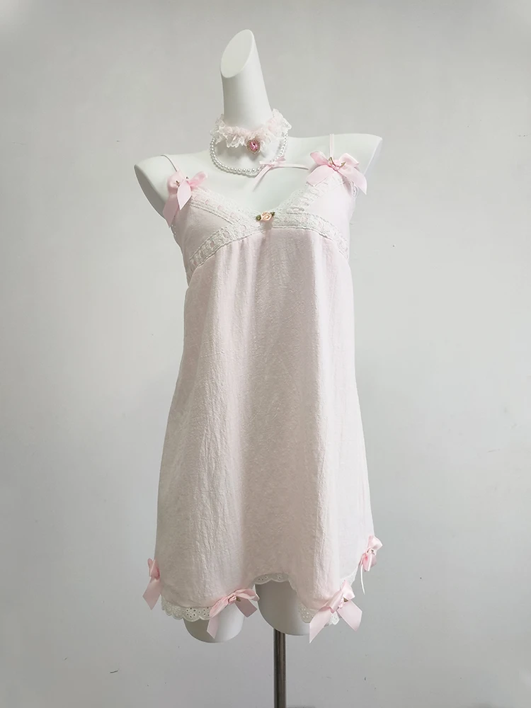 Pink Dress Women Summer Bows Flowers Decoration Lace Trim Strap Mini Dress for Sweet Girls Harajuku Kawaii Clothes