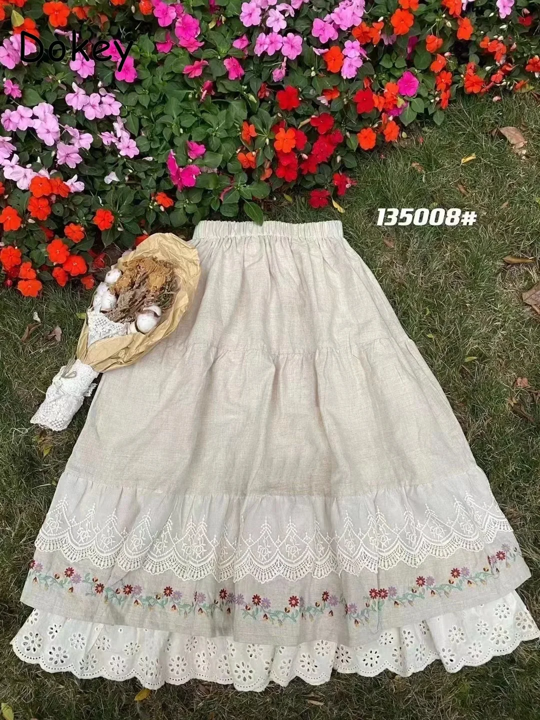 Japanese Lolita Style Cotton Linen Skirt Women Vintage Embroidery Lace Ruffled Kawaii Midi Pleated Skirt New Casual A-line Skirt