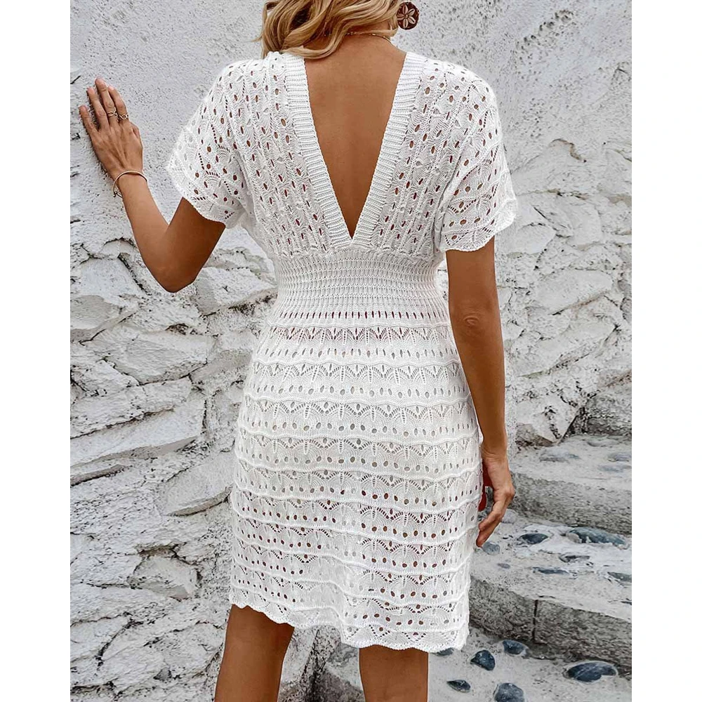Summer Women See Through Hollow Out Knitted V-Neck Sexy Beach Dress Short Sleeve Short Dresses for Women Swim Cover Up Beachwear