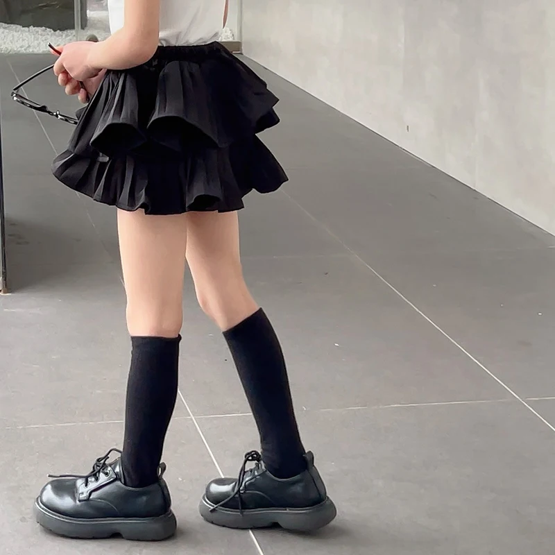 Summer Girls Skirt Solid Cotton Sweet Ruffles Puffy Skirts Children Casual Outing Fashion Princess Style Skirt Layered Dress