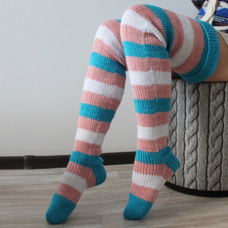 Autumn Slouch Crochet Knitting Thigh High Socks for Women Colorful Striped Over The Knee Long Boots Stocking Leg Warmers