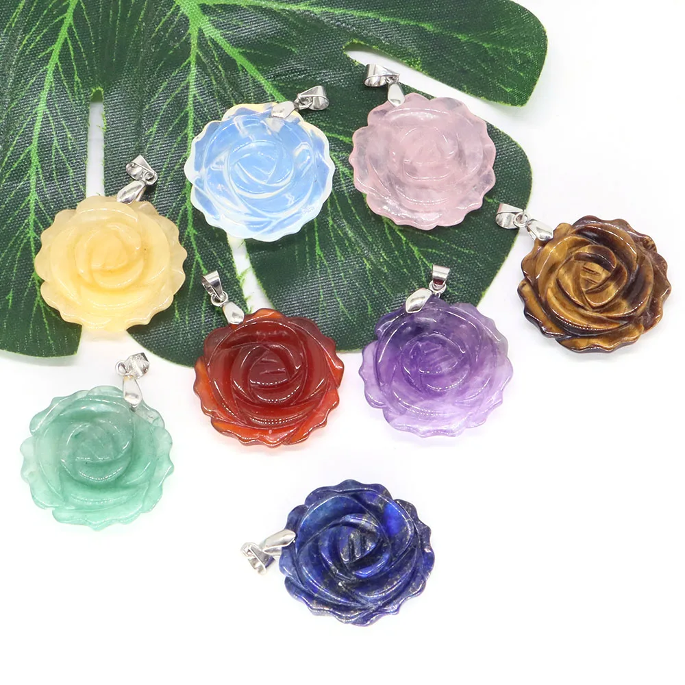 

25mm Rose Flower Pendant Natural Healing Crystal Stone Carving For Quartz Jewelry Making Necklace Valentine Love Gifts Wholesale