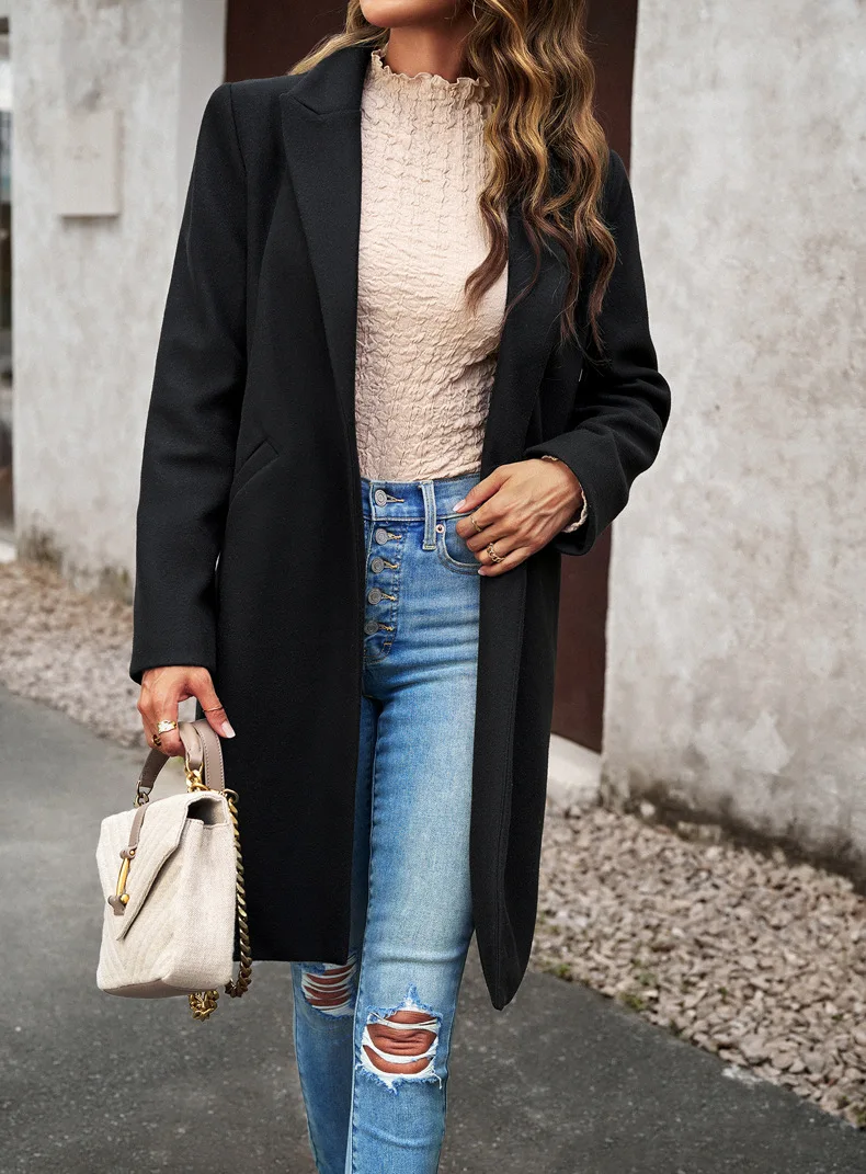 

Fashion Solid Color Lapel Collar Temperament Commuter Cardigan Coat Autumn And Winter Women Mid-Length Woolen Trench Coat