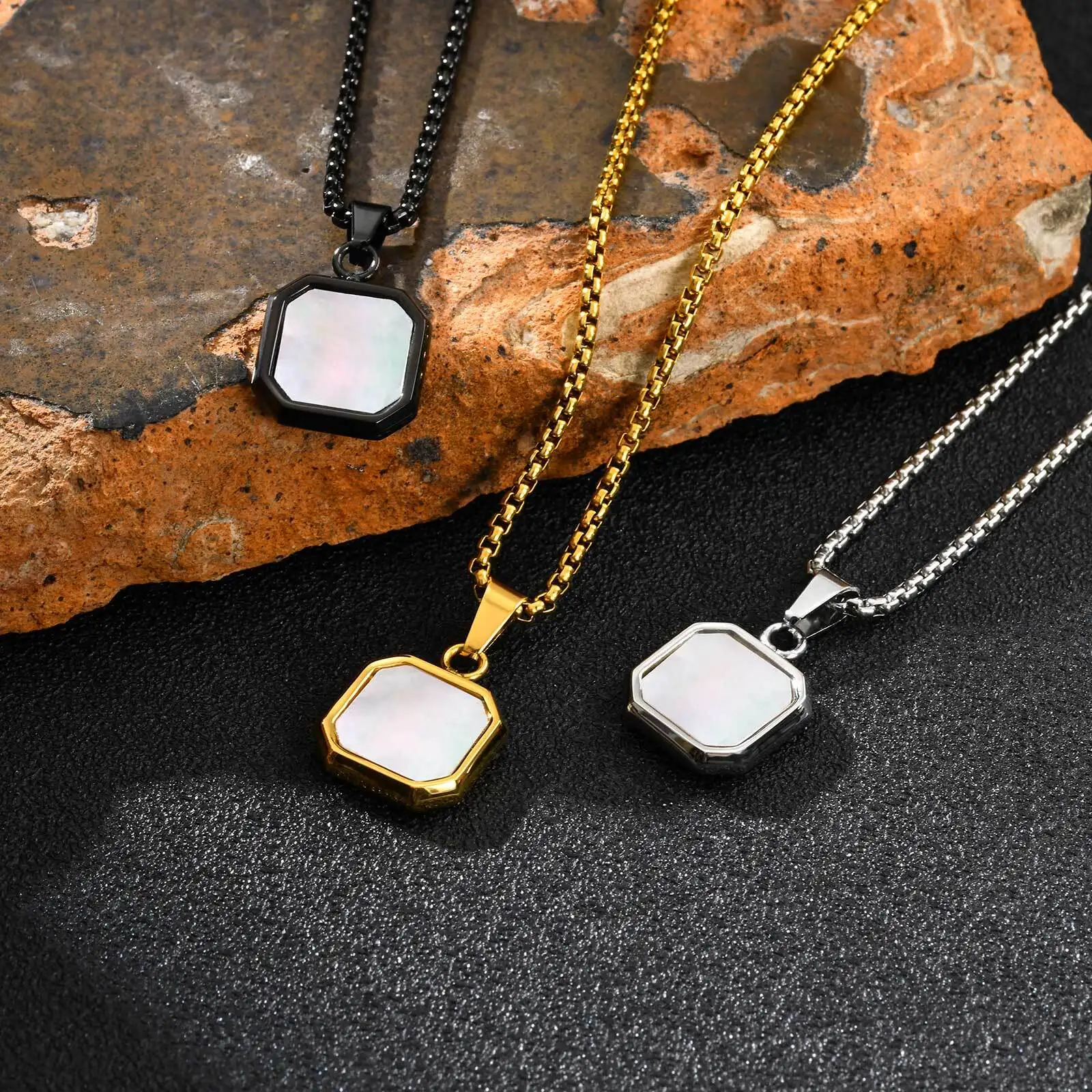 Stylish Stainless Steel Shell Necklace for Men,Hypoallergenic Waterproof Square Pendant,Male Collar Gift for Him