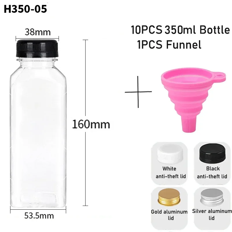 Set of 10 Reusable Clear Plastic Bottles with Funnel - 60ML to 500ML Capacity for Juices, Smoothies, and Milk