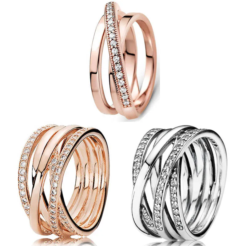 Nuovo Anello Popolare In Argento Sterling 925 Rosa Openwork Eternity Intrecciato Crossover Pave Triple Band Ring Per Regalo Di Gioielli Da Donna