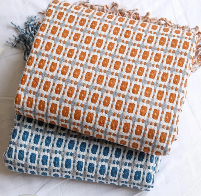 Boho Blue Knitted Throw Blanket with Tassels – Cozy Farmhouse Decor and Gift
