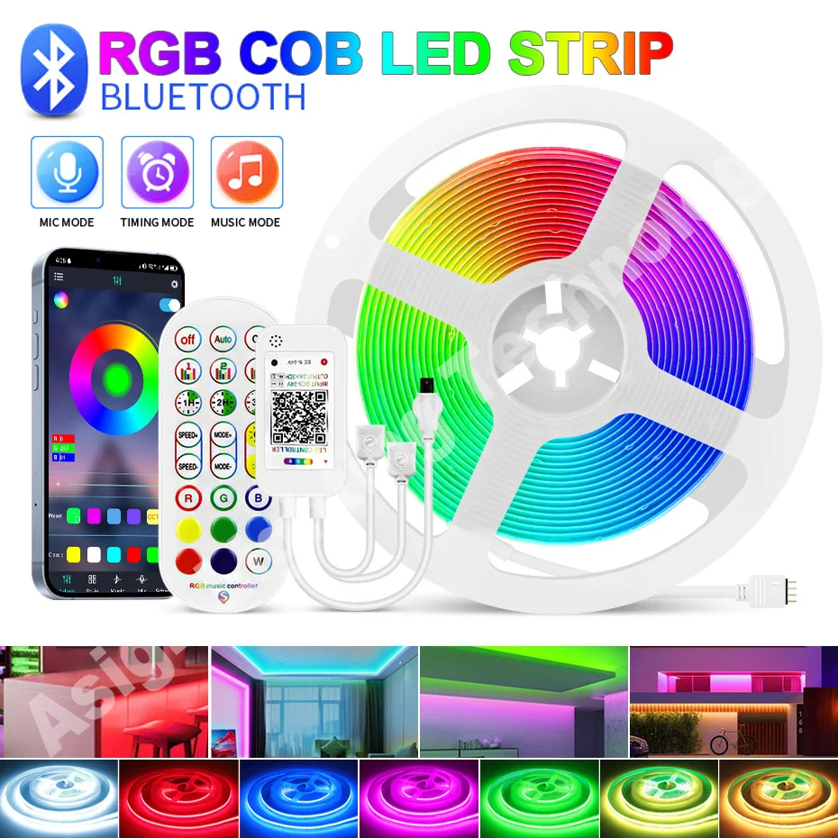 

Super Bright RGB COB LED Strip Light 24V 840 LEDs/m Dimmable RGB Flexible Adhesive Tape Smart WiFi /Bluetooth/ Remote Control