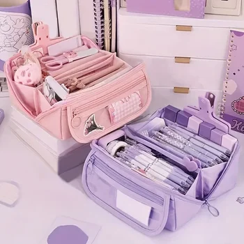 Astuccio Portamatite di Grande Capacità - Organizzatore da Scrivania Multi-Scomparto per Materiale Scolastico e da Ufficio (Rosa/Viola/Nero)