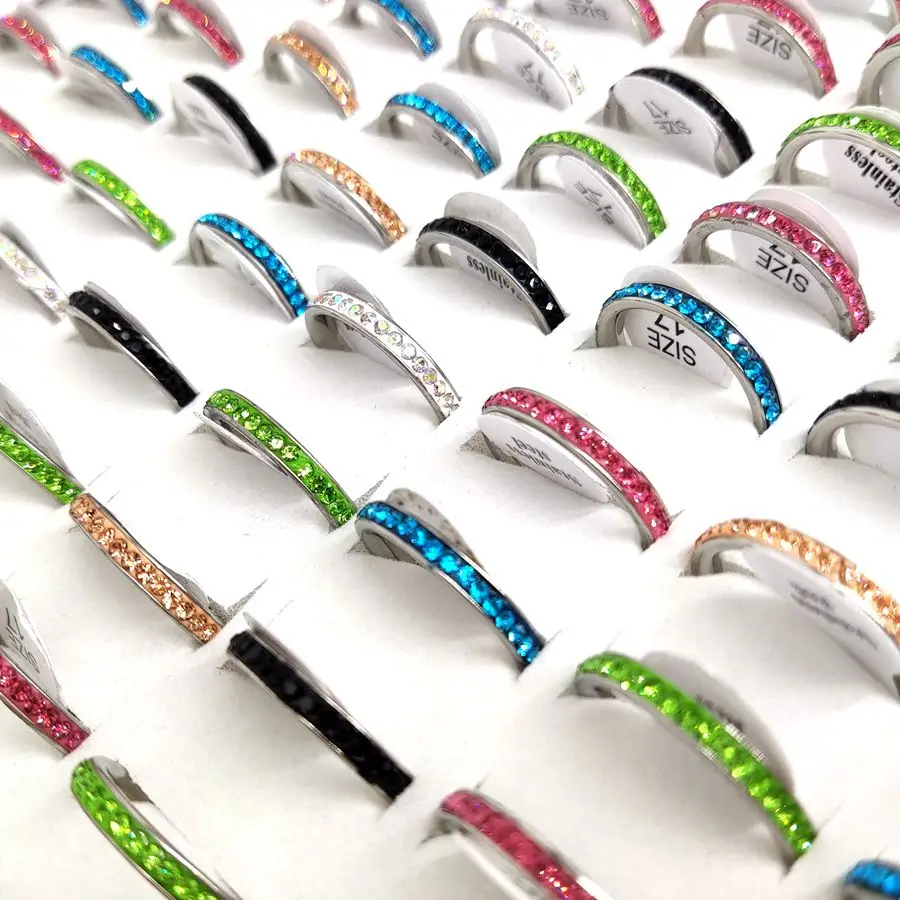 Wholesale 20/50/100pcs Multi-colored Beautiful Zircon Stainless Steel Rings Women's Couples Wedding Jewelry Lovers Gift 3