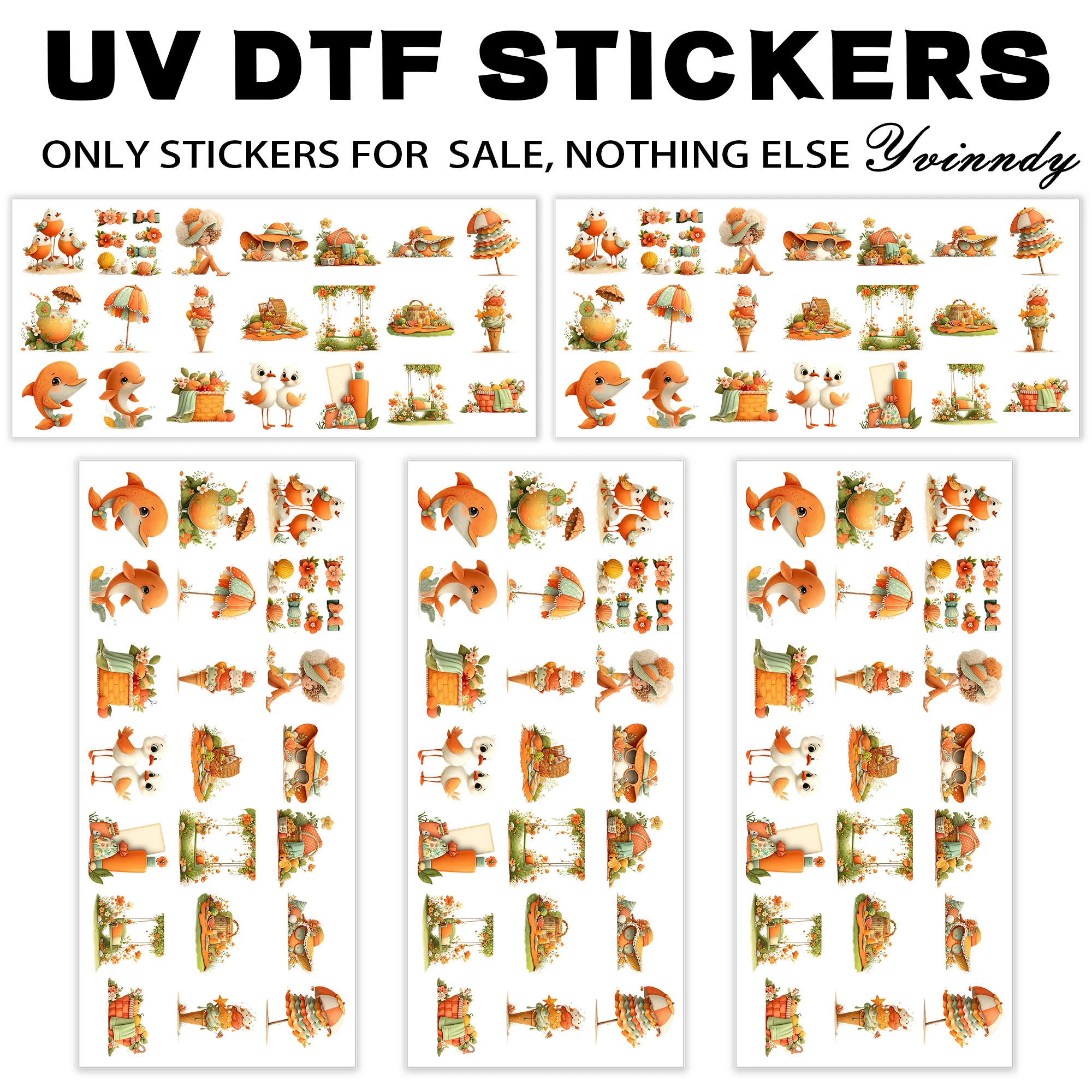 105개/세트 오렌지 여름 키체인 전사지 UV DTF 전사지 내구성 높은 점도 전사지