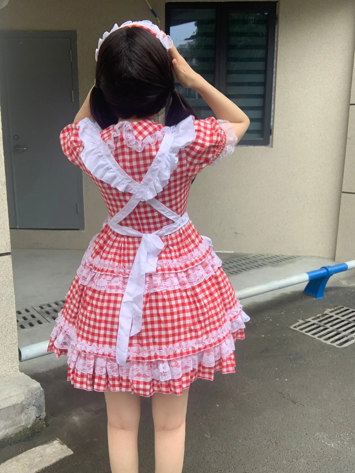 Anime Cosplay Red Grid Maid Lolita Kleid Kawaii Comic-Con Outfit 17