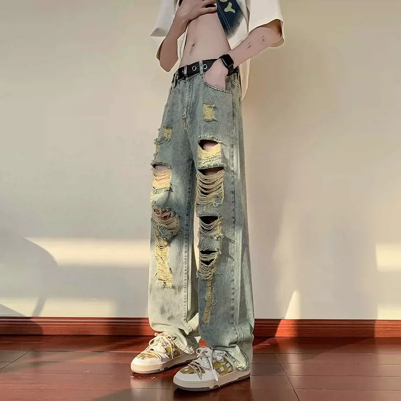 

2024Men's and Women's Summer Thin Ripped Jeans Loose Straight Beggar Retro Street-fried Denim pants Washed Trousers Lady Y2K 3XL