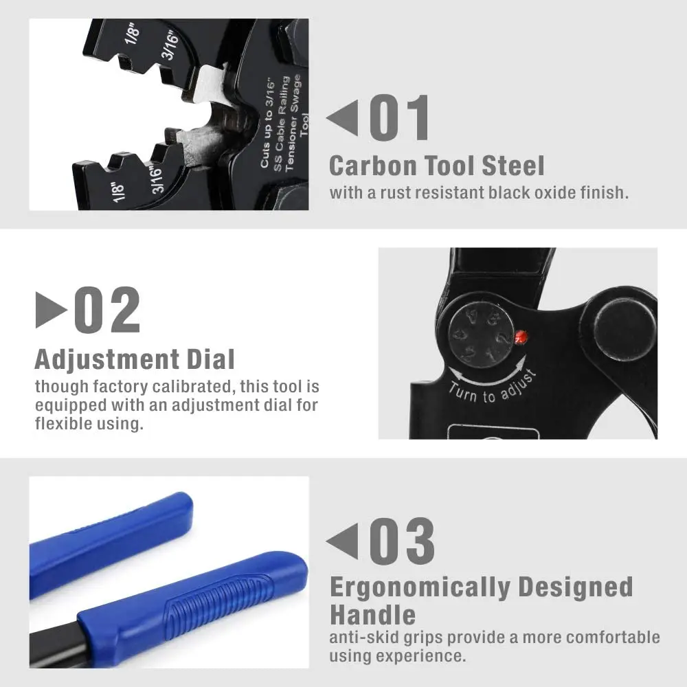 IWISS IWS-2316R Crimping Plier Heavy Duty Cable Railing Deck Swage Tool 1/8to 3/16 inch Stainless Steel Wire Rope Tensioners 4
