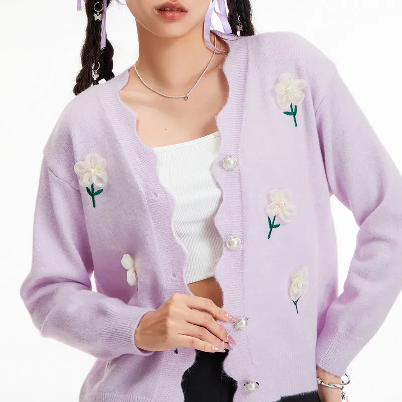 

Women Flower Sweaters Fairy Cardigans Autumn Winter Clothes Long Sleeve V Neck Button Open Front Sweater Female Clothing Outwear