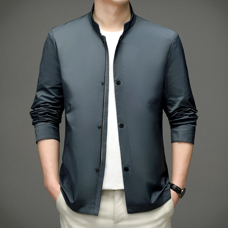 

New Spring Men's Coat Thin Business Casual Windbreaker Overcoat Male Youth Stand Collar Jacket 2 Color Size L-4XL D33607