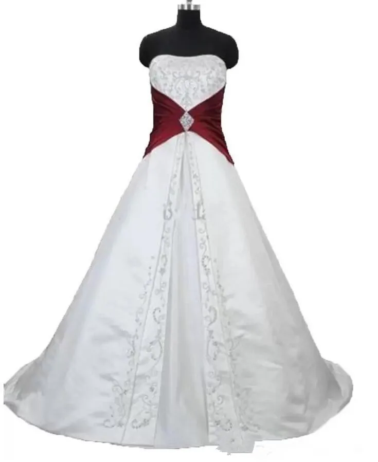 

White and burgundy Embroidery Wedding Dresses lace-up corset gothic Sweep Train Strapless Satin Bridal Gowns Vestido De Novia