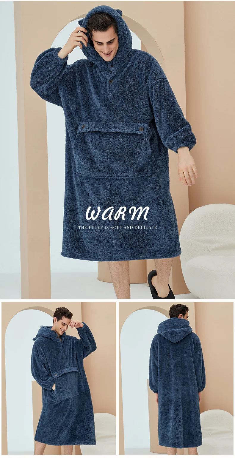 Unisex Robes Men Winter Dressing Gown Winter Warm Fleece Robe Pullover Hooded Women Winter Dressing Gown Robes Soft Bathrobe red pajama pants