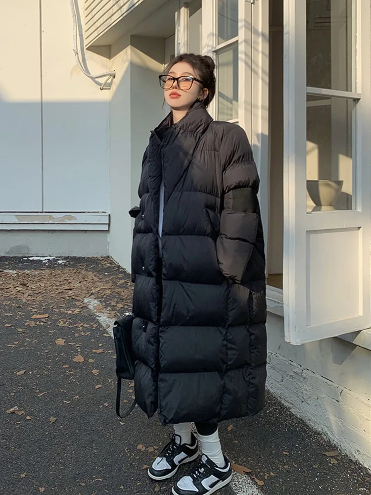Solid Black White Stand Collar Down Jacket For Women's Winter 2022 New Knee Length Thickened Cotton Padded Coat