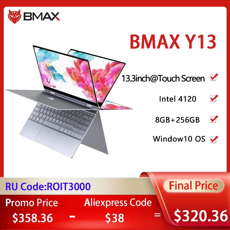 BMAX Y13 360° Laptop 13.3 inch Notebook Windows 10  8GB LPDDR4 256GB SSD 1920*1080 IPS Intel N4120 touch screen laptops Computer
