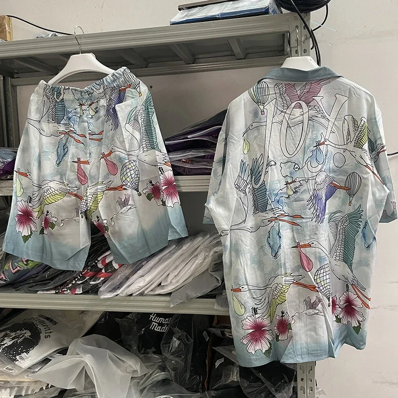 

Новая модная рубашка 23SS с принтом журавлей, для мужчин и женщин, топ, Гавайские рубашки, футболка, Повседневная футболка