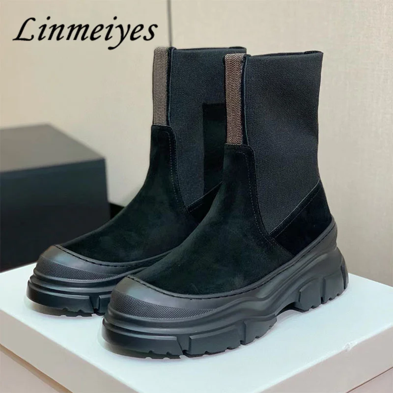 

New Flat Motorcycle Boots Woman Cow Suede String Bead Round Toe Short Boots Women Thick Sole Slip-On Knight Boots Woman