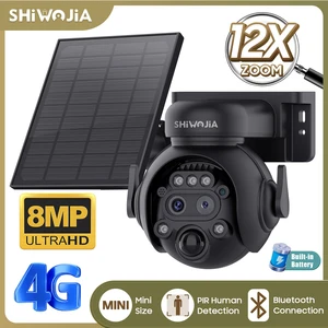 SHIWOJIA 12X Zoom 4G LTE Solar Security Camera 8MP Night Vision Dual-Lens Outdoor WiFi Solar Battery Camera PIR Human Detection