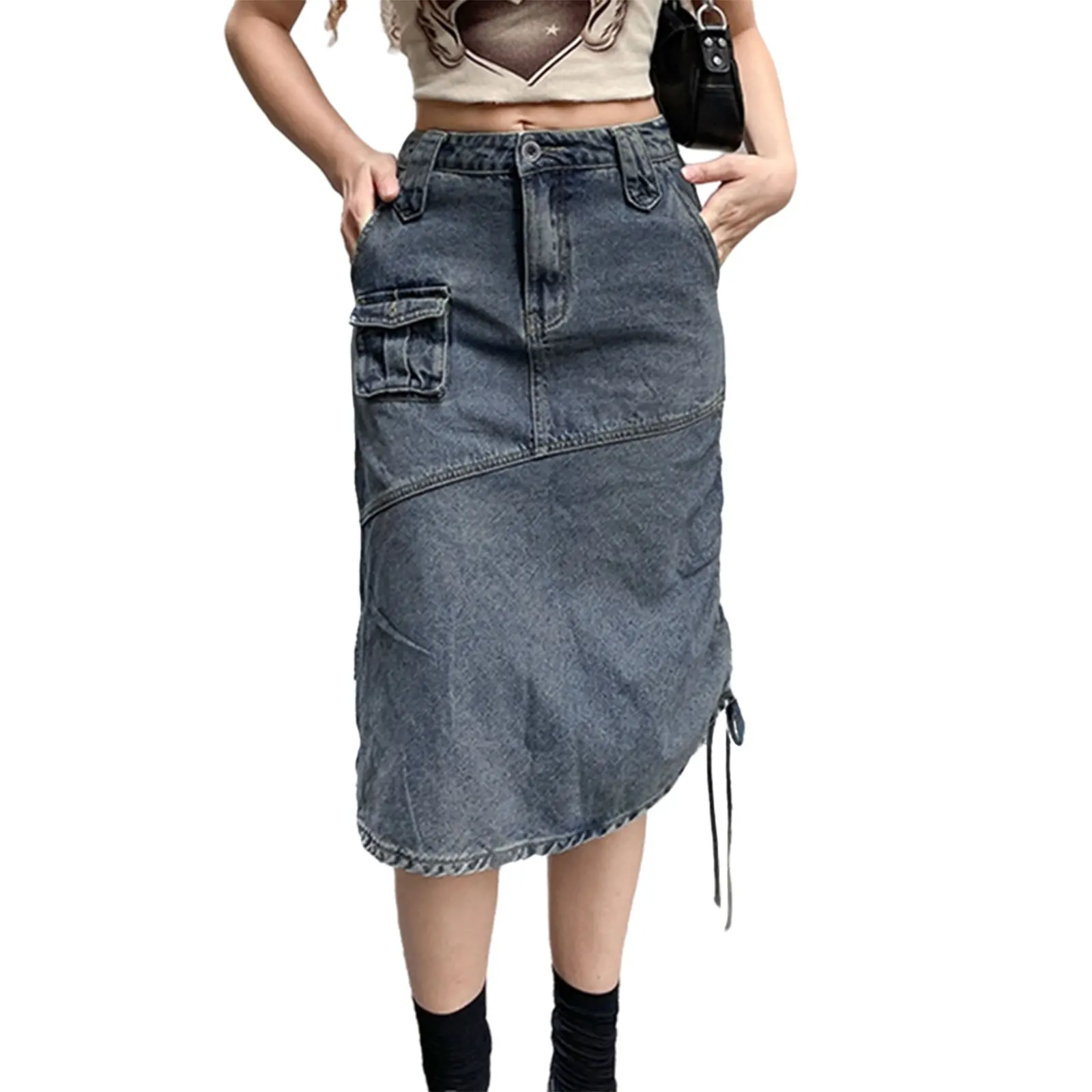 WomenY2kCargoSkirtVintageHighWaistSideDrawstringHarajukuMidi